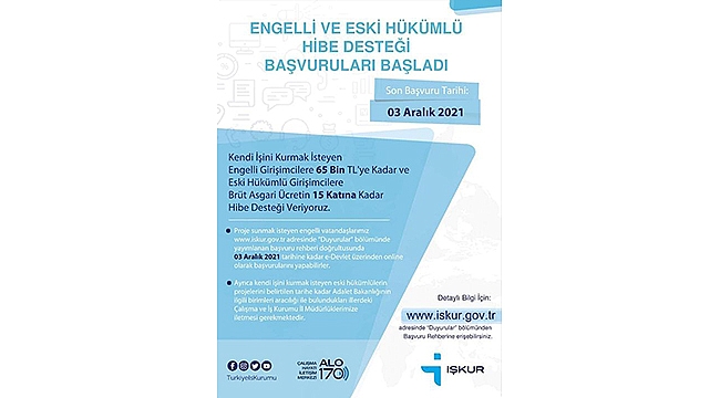 İŞKUR, ENGELLİ VE ESKİ HÜKÜMLÜLERE YÖNELİK PROJE DESTEKLERİNİ DUYURDU